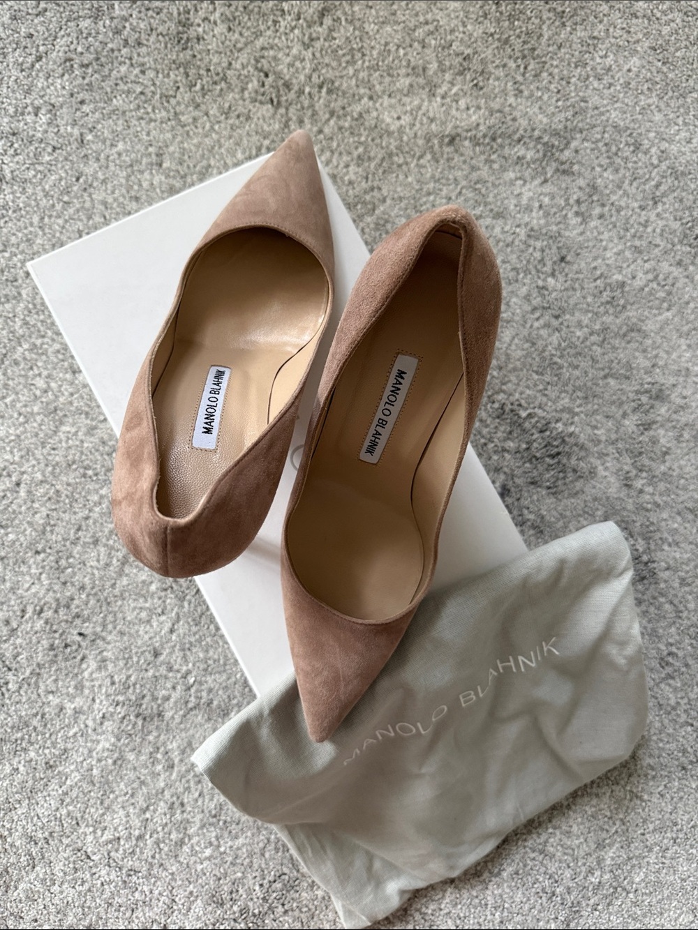 Manolo Blahnik Suede Pointed-Toe Pumps in Taupe